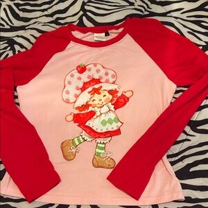 SHEIN Pink & Red Long-Sleeve Strawberry Character Raglan Tee